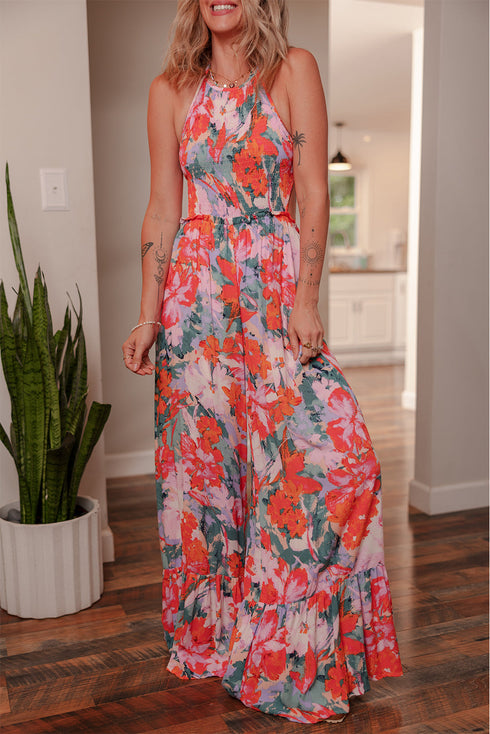 Enchanted Floral Print Smocked Halter Neck Wide Leg Jumpsuit